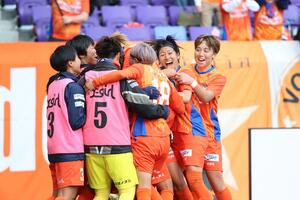 広島－新潟Ｌ　後半２６分、２点目を挙げて喜ぶ新潟Ｌの選手たち＝Ｅピース（新潟Ｌ提供）