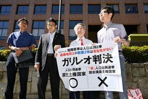 　衆院選の「１票の格差」訴訟の判決を受け、名古屋高裁前で「ガリレオ判決」などと書かれた紙を掲げる原告側の升永英俊弁護士（右から２人目）ら＝２９日午後