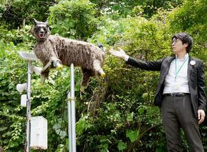ファミリーマート日野屋黒保根店の脇に設置した、野生動物撃退装置「モンスターウルフ」=24日午前、群馬県桐生市