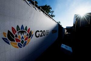 　Ｇ２０サミットの会場周辺に掲示されたロゴマーク＝２０２５年１１月、南アフリカ・ヨハネスブルク（共同）