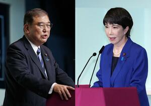 自民党総裁選の決選投票前に演説する高市早苗氏(右)と石破茂氏=27日午後、東京・永田町の党本部