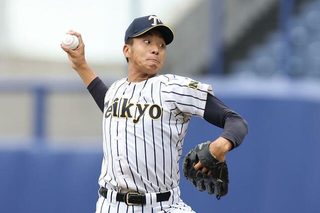 帝京長岡－北越　今大会初登板で完封した、帝京長岡の主戦茨木佑太＝エコスタ（写真映像部・菊池雪那）