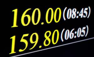 一時1ドル=160円台を付けた円相場を示すモニター=3日午前、東京・東新橋
