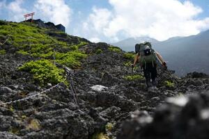 富士山の山開きを控え、山梨県側登山道「吉田ルート」から山頂を目指す人=30日午後
