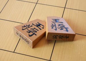 第４９期棋王戦第３局で使われている駒。大竹日出男さんの手による。２０２３年の対局でも使われた