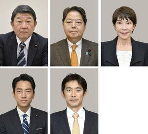 (上段左から)茂木敏充氏、林芳正氏、高市早苗氏、(下段左から)小泉進次郎氏、小林鷹之氏