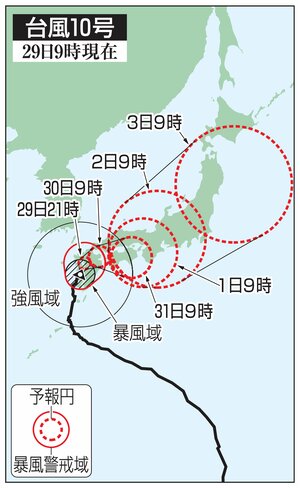 台風１０号の５日先予想進路（８月２９日午前９時現在）