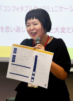 武蔵野大で開かれた交流会で、「聞こえの説明書」の作り方を伝える志磨村早紀さん=9月、東京都西東京市