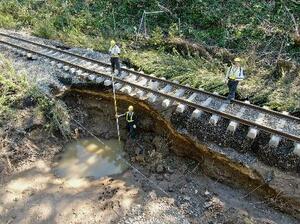 大雨の影響で土台が流失したJR根室線の線路=22日午前、北海道浦幌町(JR北海道提供)