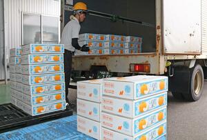 JAえちご中越管内の直売所を巡回して農産物を運ぶトラック便。加茂市の選果場で積み込まれた梨は柏崎市や長岡市へ届けられた=加茂市前須田