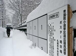 　雪が降り積もった衆院選候補者のポスター掲示板＝２６日、札幌市