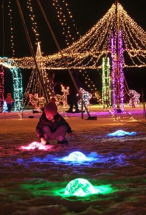 親子連れらが楽しんでいるイルミネーション=長岡市宮本東方町