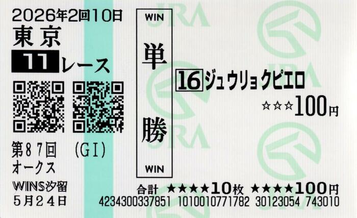 第８７回オークスを制した今村聖奈騎手が騎乗したジュウリョクピエロの単勝の馬券