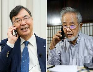 ノーベル生理学・医学賞の受賞が決まり、東京科学大の大隅良典栄誉教授(右)と電話対談する大阪大の坂口志文特任教授=6日夜