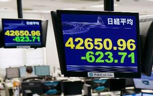 前日終値から一時600円超下げた日経平均株価を示すモニター=14日午前、東京都港区の外為どっとコム