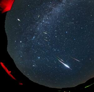 美しい色の流星が特徴というペルセウス座流星群(村上市の天体写真家・イラストレーターの沼澤茂美さん提供)