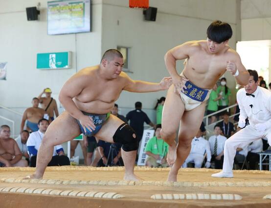 相撲団体戦予選３回戦　海洋－飛龍　おしだしで勝つ副将武藤隼＝８月１日、大分県