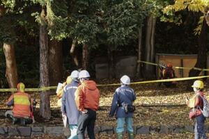 　「緊急銃猟」で銃を構える猟友会のハンター（右奥）ら＝１０月、札幌市西区