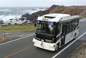 1月に行われた実証調査で海沿いの県道を走る自動運転バス=佐渡市下相川