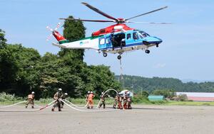 消防ポンプ車から防災ヘリのバケットに給水する隊員ら=長岡市栖吉町の長岡市営スキー場駐車場