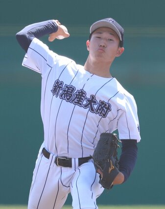 加茂暁星－新潟産大付　新潟産大付先発の和栗玲旺＝長岡市悠久山球場