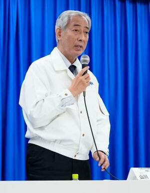　Ｈ３ロケット８号機の打ち上げが失敗し、記者会見するＪＡＸＡの山川宏理事長＝２２日午後、鹿児島県の種子島宇宙センター