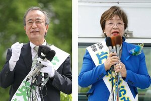 知事選に立候補した花角英世氏(左)と片桐奈保美氏
