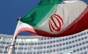IAEA本部の入る建物前ではためくイランの国旗=2014年、ウィーン(AP=共同)