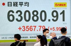 　初めて６万３０００円台に乗せた日経平均株価を示すモニター＝７日午後、東京都中央区