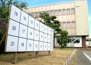 聖籠町議選のポスター掲示板が既に設置された町役場。8月22日から論戦が始まる=聖籠町諏訪山