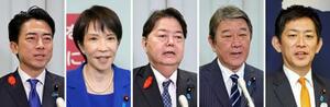 自民党総裁選の投開票を前に、記者団の取材に応じる(右から届け出順に)小林鷹之氏、茂木敏充氏、林芳正氏、高市早苗氏、小泉進次郎氏=4日午前