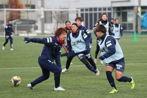 沖縄県でのキャンプを終え、地元で練習に打ち込む新潟Lの選手たち=新潟市西区
