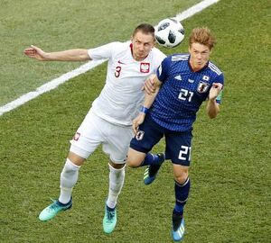 ポーランド戦後半、イエンジェイチク(左)と競り合う酒井高徳(共同)