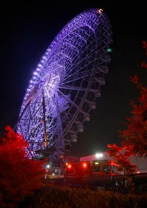 　閉じ込められた乗客の救助活動が行われた大阪府吹田市の商業施設「エキスポシティ」内の観覧車＝２６日午前２時３０分