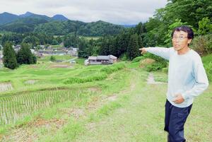 カタクリの群生でも知られる棚田を指し示す佐野誠五さん＝三条市北五百川