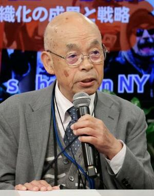 米ニューヨークで被爆証言する広島県被団協の佐久間邦彦理事長=4月30日(共同)