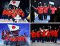 　６日、ミラノ・コルティナ冬季五輪の開会式で、４会場で入場行進する日本選手団。左上から時計回りに、ミラノ、コルティナダンペッツォ、プレダッツォ、リビーニョ（共同）