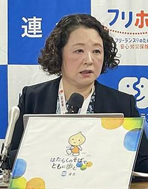 　記者会見する連合の芳野友子会長＝１６日午後、東京都千代田区