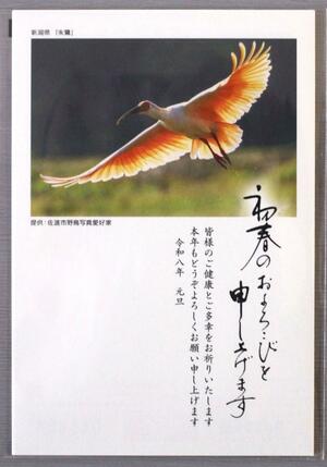 佐渡市の郵便局で販売されている年賀はがき「佐渡の朱鷺２０２６」