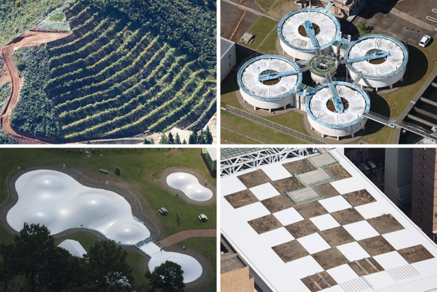 空撮した新潟県内4カ所。右上はドローンのような形、右下は市松模様が整然と並ぶ。左上は草が生い茂るピラミッドのようで、左下は目玉焼きを連想させる。さて、これらの正体はなんだろう。画像をスライドさせると、一つ一つの写真が表示されます。