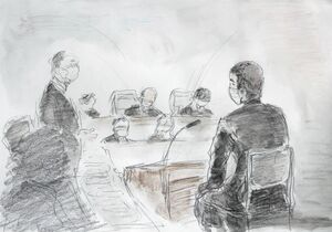 被告人質問で検察側からの質問に答える被告(イラストは東京支社・山田悠)