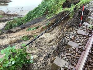 雨の影響で、線路や枕木を支える砕石が流れ出た現場=9月22日、村上市(JR東日本新潟支社提供)