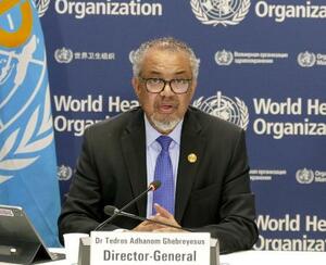 スイス・ジュネーブでの記者会見するWHOのテドロス事務局長=8月