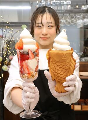 大島テラス960のたい焼きソフトクリームといちごパフェ