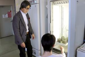 稲の研究について学生と意見を交わすIRICE推進室長の藤巻義博特任教授(左)=新潟市西区