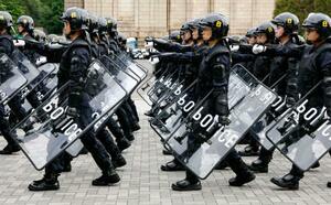 　警視庁機動隊の観閲式で行進する隊員＝２０日午前、東京・明治神宮外苑
