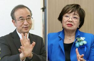 (左)花角英世氏(64)=無現=(自民支持)(右)片桐奈保美氏(72)=無新=(共産、れいわ、社民推薦)