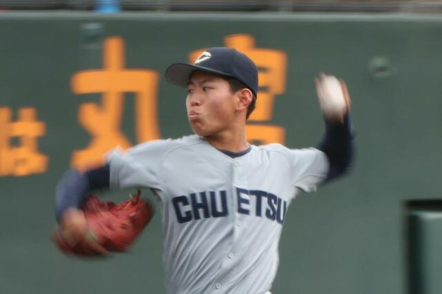 開志学園－中越　中越先発の柳涼太郎＝２３日、三条市月岡４の三条パール金属スタジアム