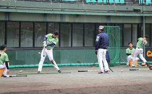 打撃練習に励む選手たち=三条市