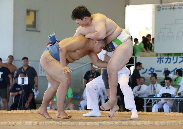 相撲団体戦予選３回戦　海洋－飛龍　果敢に攻める大将長井良聖（左）＝８月１日、大分県